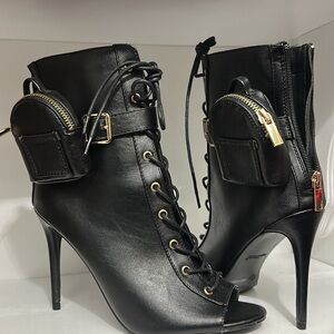 Black Lace-Up Ankle Boots with Mini Pouch